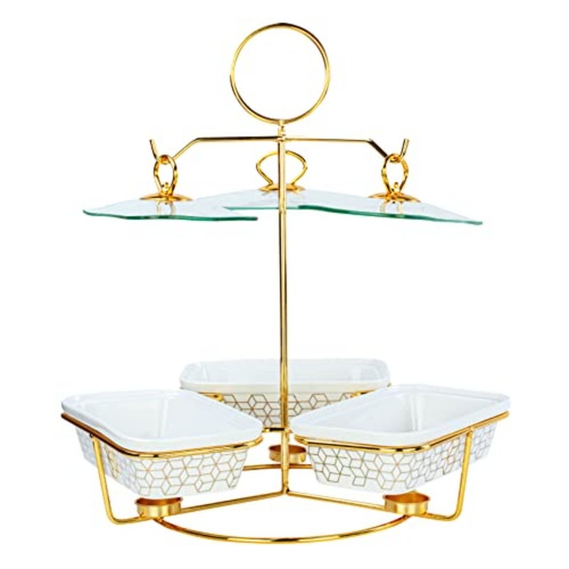 Shallow Triple 9 inch Rectangular Porcelain Casserole with Golden Metal Warmer Rack and Lid 46x40x50cm - Image 4