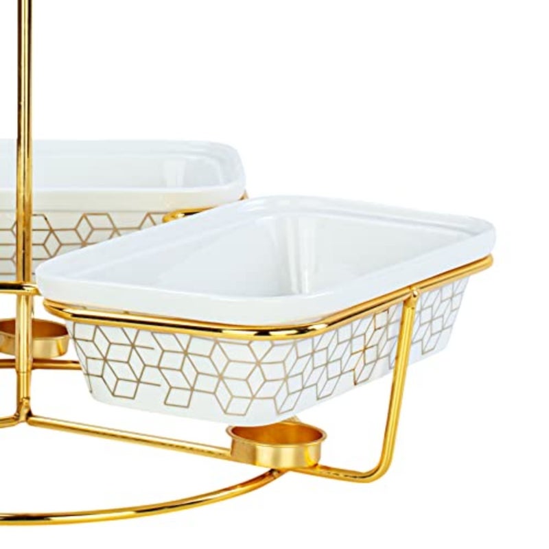 Shallow Triple 9 inch Rectangular Porcelain Casserole with Golden Metal Warmer Rack and Lid 46x40x50cm - Image 2