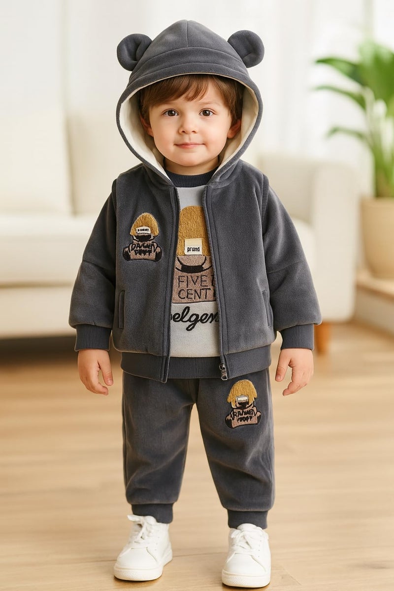 Bold N Elegant Cute Cartoon Bear Graphics Winter Warm Sweatshirt Hood Jacket and Jogger Pant 3 Pc Layering Clothing Set for Infant Toddler Kids (Blue, 12 Months-18 Months) - Image 2