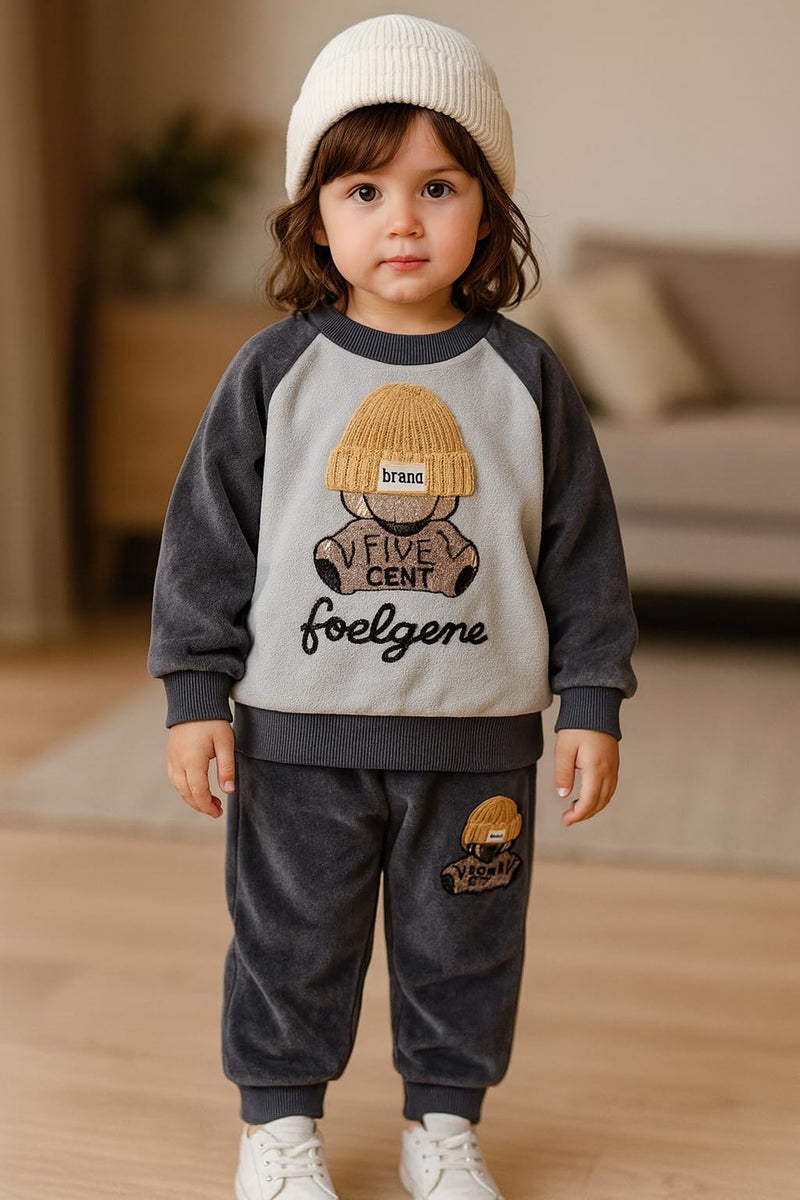 Bold N Elegant Cute Cartoon Bear Graphics Winter Warm Sweatshirt Hood Jacket and Jogger Pant 3 Pc Layering Clothing Set for Infant Toddler Kids (Blue, 12 Months-18 Months) - Image 5