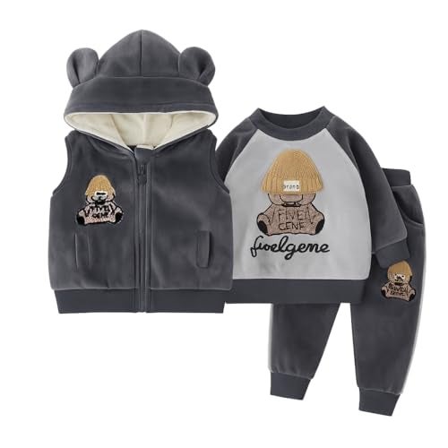 Bold N Elegant Cute Cartoon Bear Graphics Winter Warm Sweatshirt Hood Jacket and Jogger Pant 3 Pc Layering Clothing Set for Infant Toddler Kids (Blue, 12 Months-18 Months) - Image 1