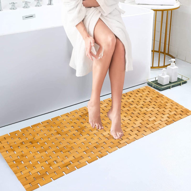 Fovlaurs Bambo Bath Mat Bathroom Runner Long Large Rugs Floor Wood Shower Bathtub Waterproof Non Slip Accessories 16x48 Inch Easy to Clean, Natural, 1 pc - Image 1