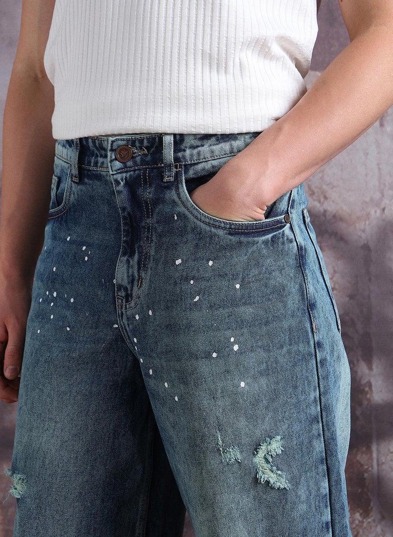 هوبرهولمي جينز رجالي قطن خالص بقصة واسعة مع تفاصيل طلاء متناثرة - Image 5