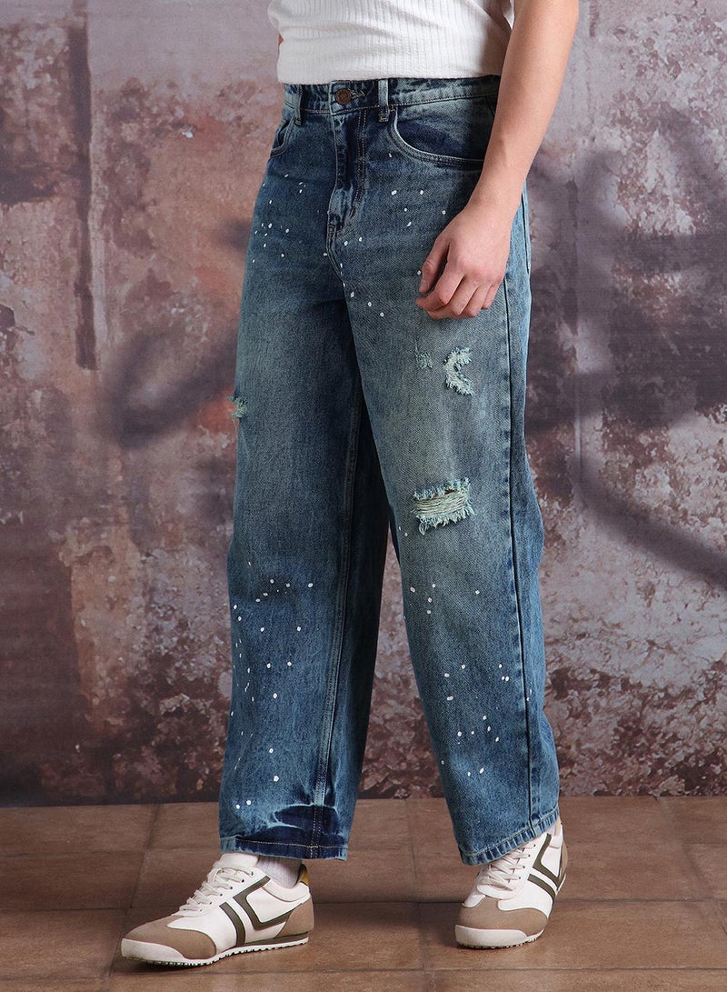 هوبرهولمي جينز رجالي قطن خالص بقصة واسعة مع تفاصيل طلاء متناثرة - Image 3