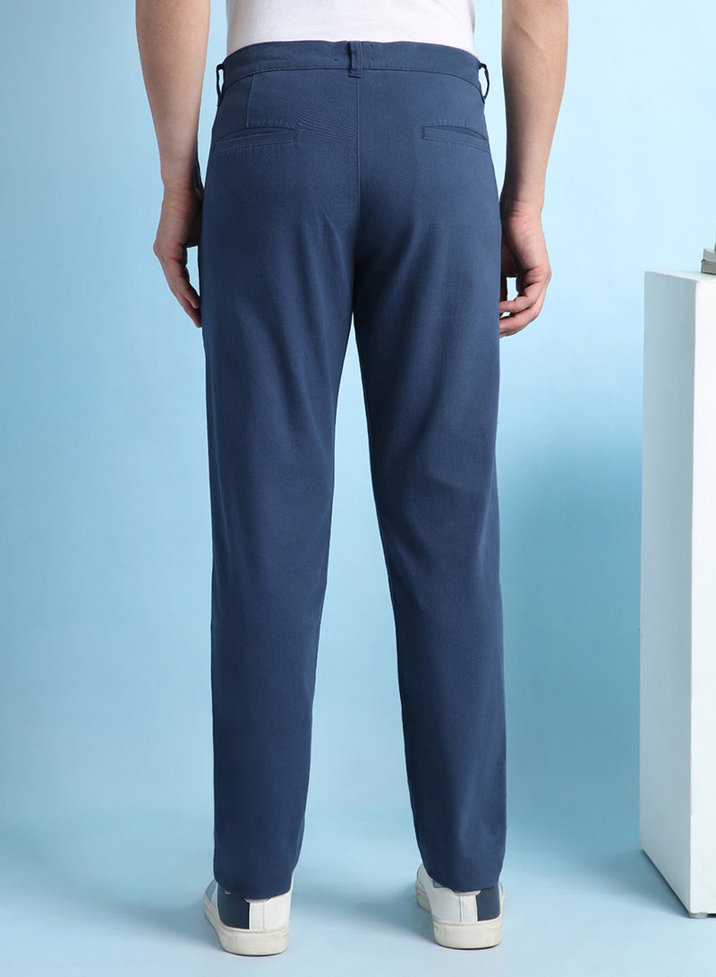 Dennis Lingo Men'S Denim Blue 100% Cotton Solid Pattern Chinos Straight Fit Trouser - Image 3