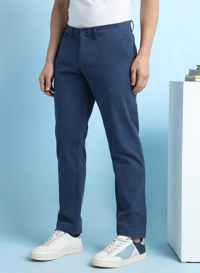 Dennis Lingo Men'S Denim Blue 100% Cotton Solid Pattern Chinos Straight Fit Trouser - Image 2
