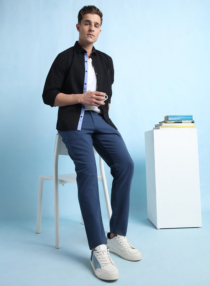 Dennis Lingo Men'S Denim Blue 100% Cotton Solid Pattern Chinos Straight Fit Trouser - Image 4