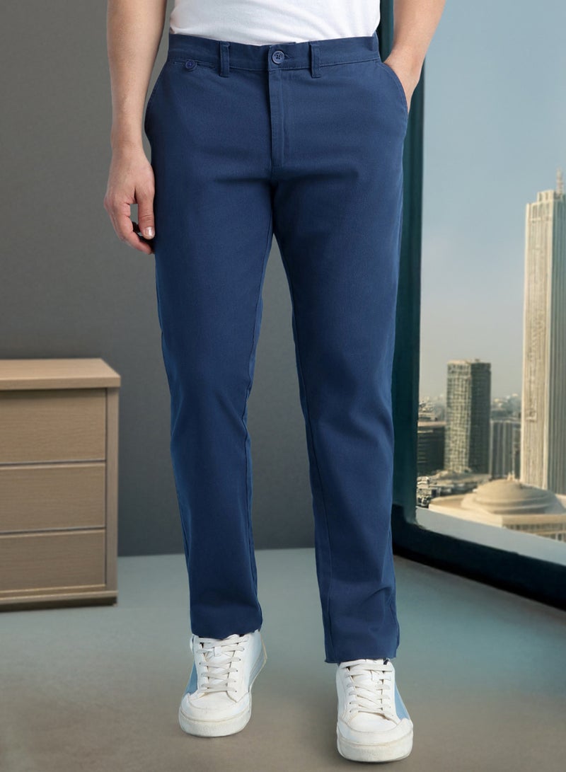 Dennis Lingo Men'S Denim Blue 100% Cotton Solid Pattern Chinos Straight Fit Trouser - Image 1