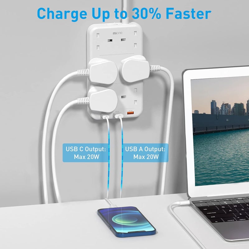 مي وان سلك تمديد 8 منافذ مع USB C، Mione 3250 واط / 13 أمبير مقبس طاقة مع 3 منافذ USB شحن سريع، سلك تمديد متعدد المقابس بريطاني مع مفتاح، للمنزل والمكتب والمطبخ (mis04-sa) - Image 3