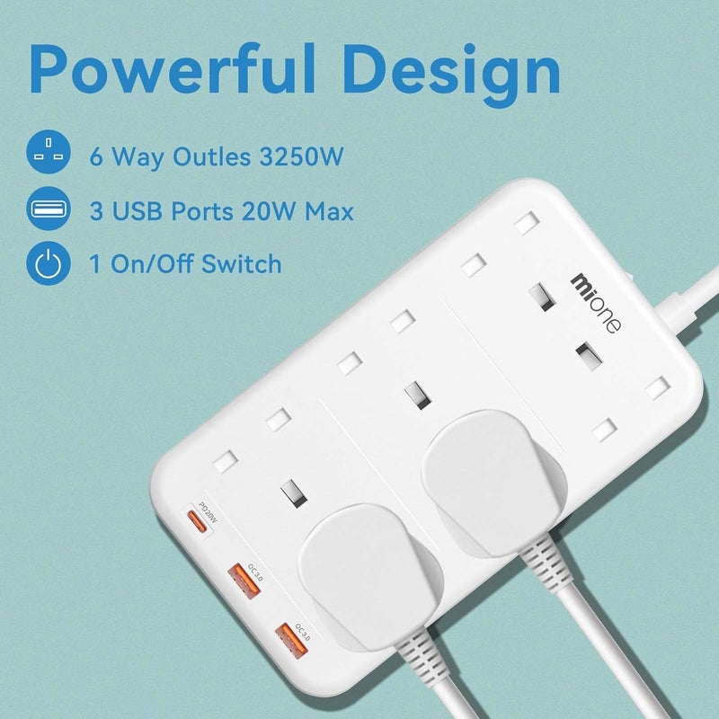 مي وان سلك تمديد 8 منافذ مع USB C، Mione 3250 واط / 13 أمبير مقبس طاقة مع 3 منافذ USB شحن سريع، سلك تمديد متعدد المقابس بريطاني مع مفتاح، للمنزل والمكتب والمطبخ (mis04-sa) - Image 2