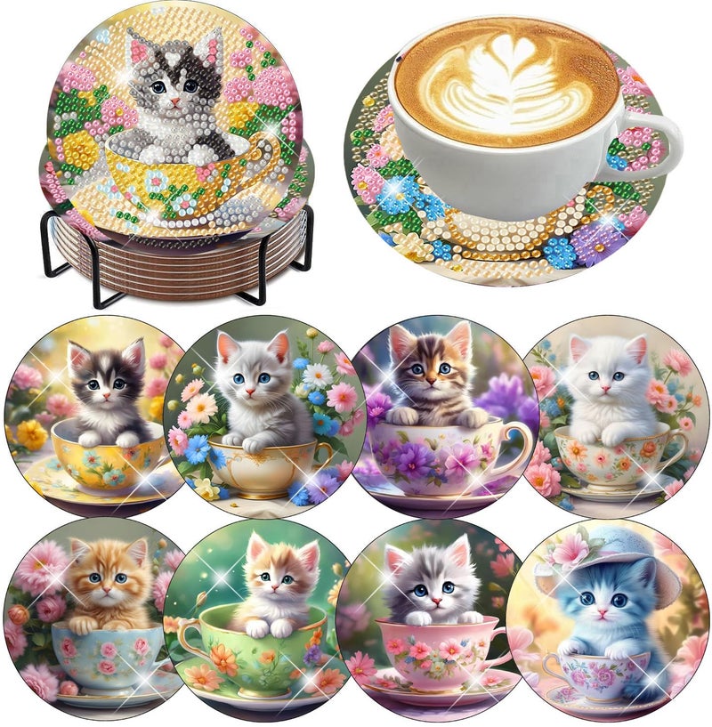 mrpwnle 8 Pack Diamond Art Coasters Kits, Funny Cat Diamond Painting Coasters Kits Set with Holder Cork Pads, Cute Cat Diamonds Art Non Slip Coaster Crafts Kit for Adults Beginners Gifts - Image 1