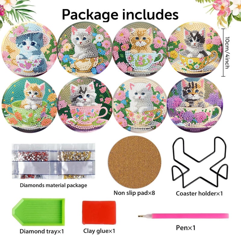 mrpwnle 8 Pack Diamond Art Coasters Kits, Funny Cat Diamond Painting Coasters Kits Set with Holder Cork Pads, Cute Cat Diamonds Art Non Slip Coaster Crafts Kit for Adults Beginners Gifts - Image 2