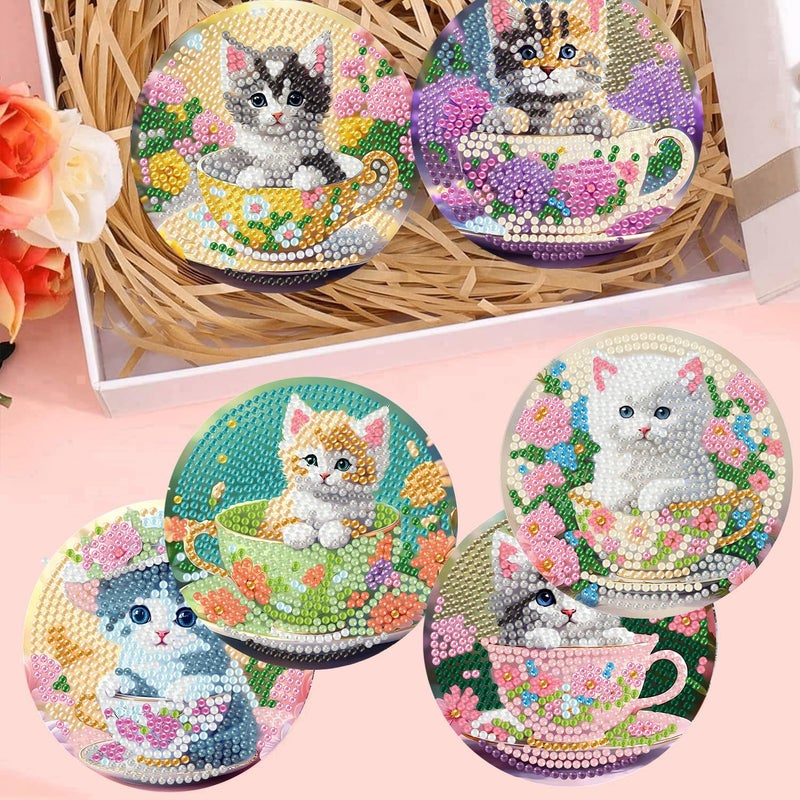 mrpwnle 8 Pack Diamond Art Coasters Kits, Funny Cat Diamond Painting Coasters Kits Set with Holder Cork Pads, Cute Cat Diamonds Art Non Slip Coaster Crafts Kit for Adults Beginners Gifts - Image 4