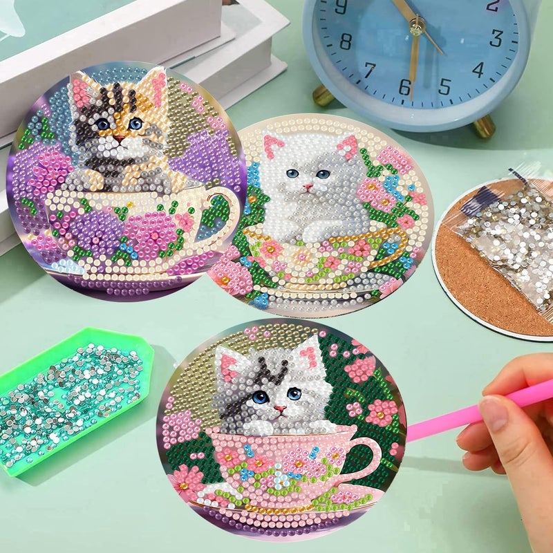 mrpwnle 8 Pack Diamond Art Coasters Kits, Funny Cat Diamond Painting Coasters Kits Set with Holder Cork Pads, Cute Cat Diamonds Art Non Slip Coaster Crafts Kit for Adults Beginners Gifts - Image 5
