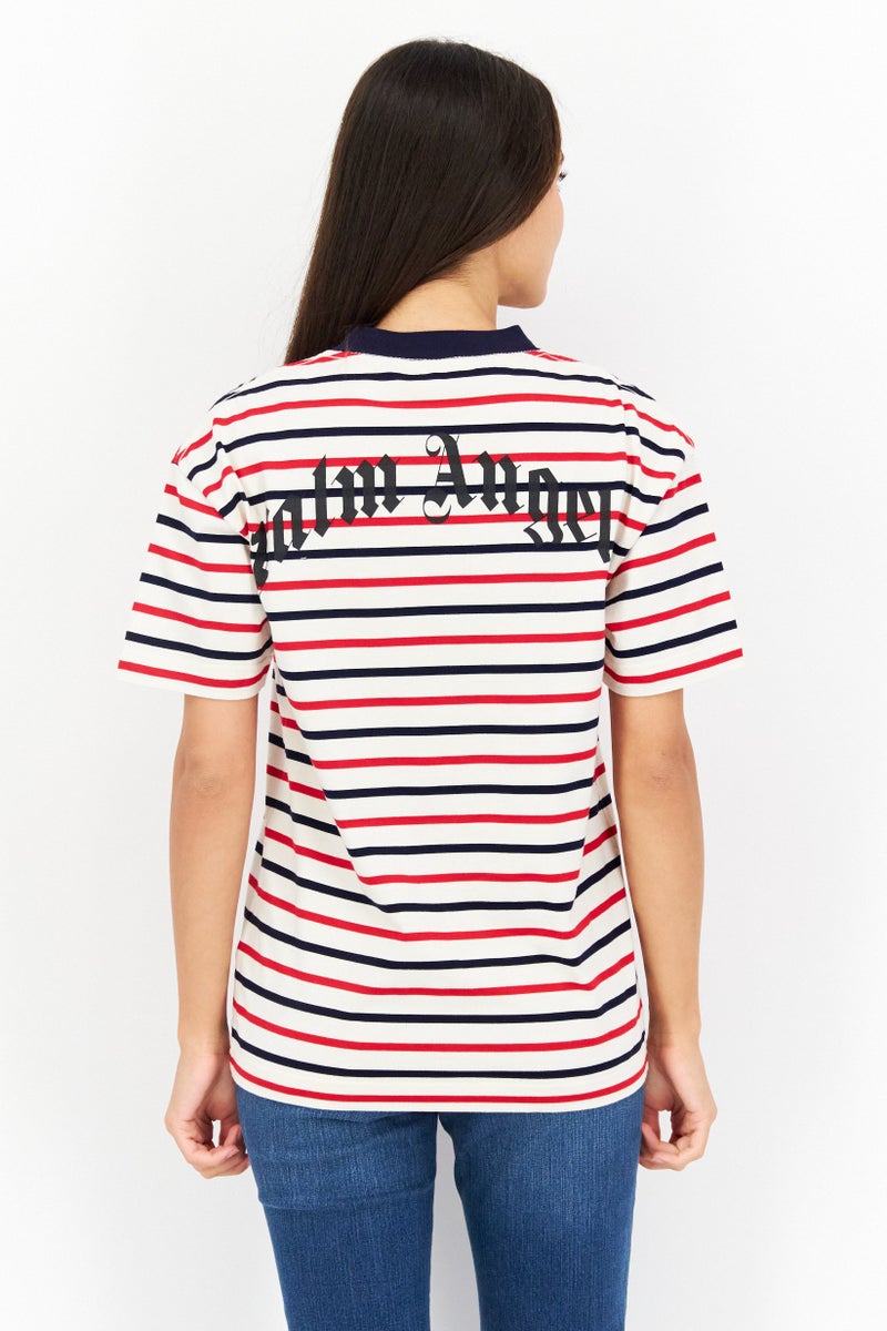 Palm Angels Women Round Neck Short Sleeves Stripe T-Shirt, Cream Combo  - Image 4