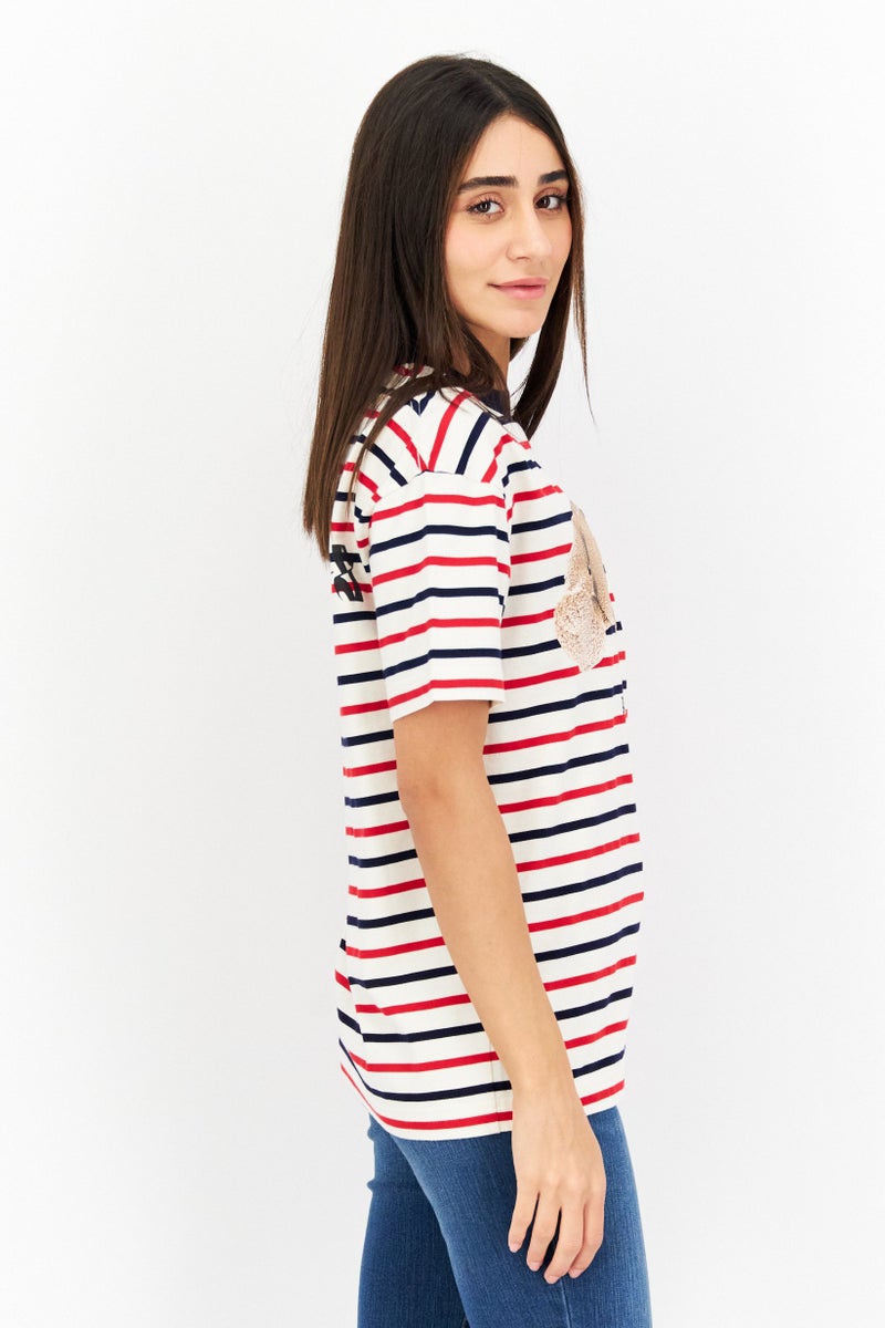 Palm Angels Women Round Neck Short Sleeves Stripe T-Shirt, Cream Combo  - Image 3