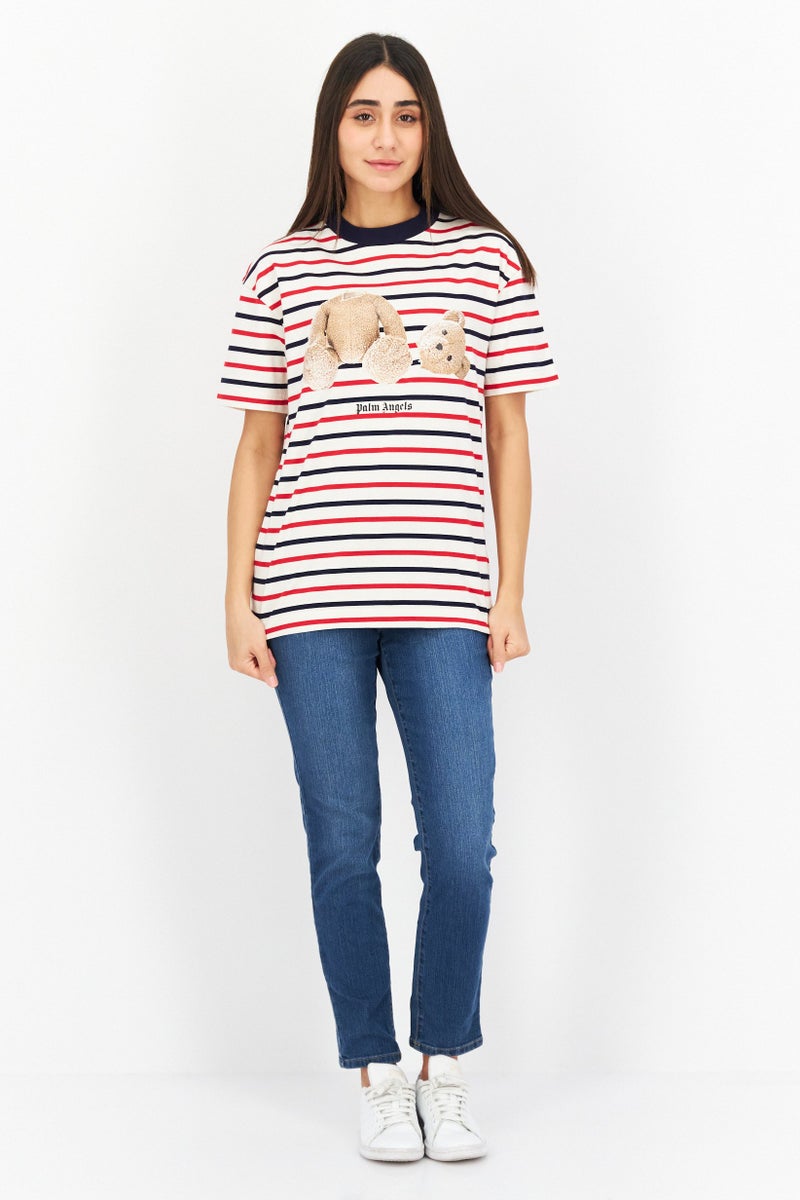 Palm Angels Women Round Neck Short Sleeves Stripe T-Shirt, Cream Combo  - Image 2