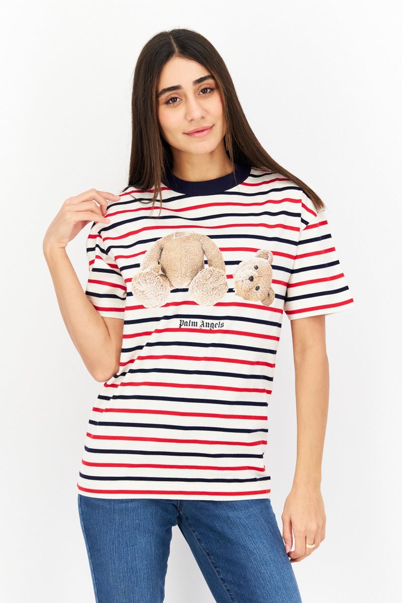 Palm Angels Women Round Neck Short Sleeves Stripe T-Shirt, Cream Combo  - Image 1
