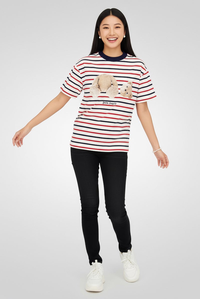 Palm Angels Women Round Neck Short Sleeves Stripe T-Shirt, Multicolor - Image 4