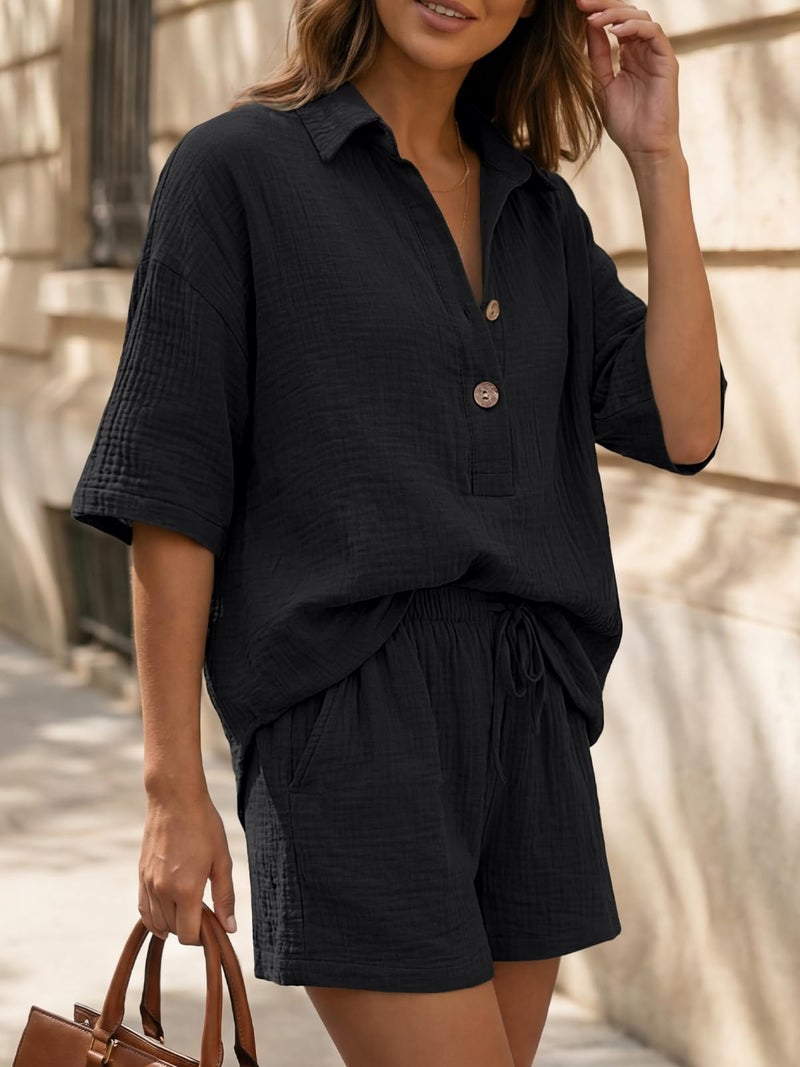 LILLUSORY Women 2 Piece Linen Short Sets 2026 Summer Vacation V Neck Short Sleeve Beach Outfits Oversized Button Casual Suits Black L - Image 3