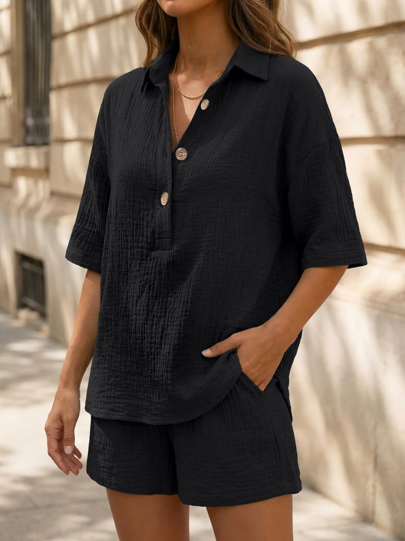 LILLUSORY Women 2 Piece Linen Short Sets 2026 Summer Vacation V Neck Short Sleeve Beach Outfits Oversized Button Casual Suits Black L - Image 5