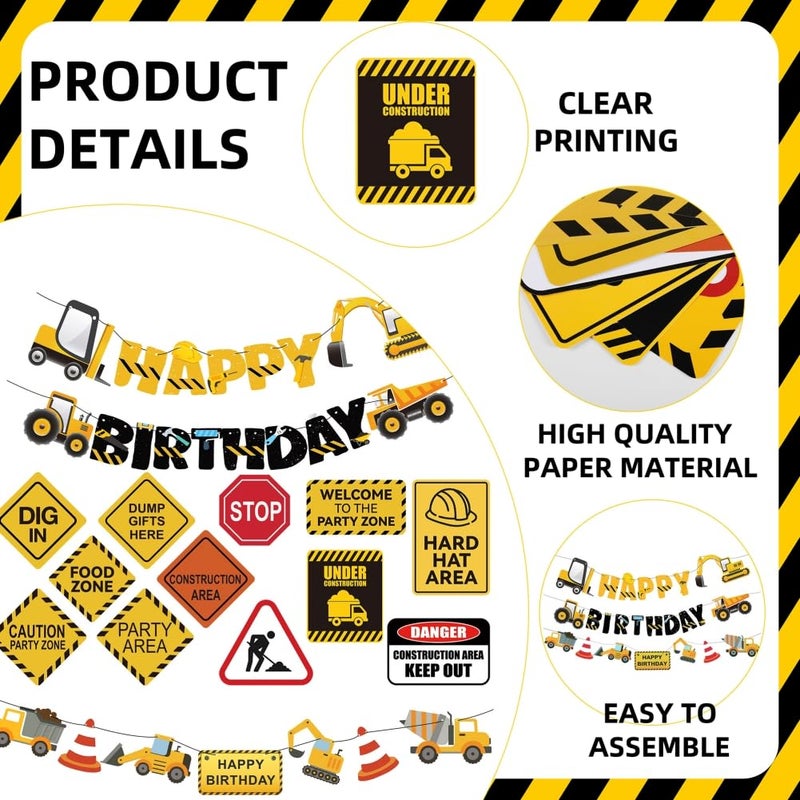 FIGEPO 14 Packs Construction Happy Birthday Banner Vehicle Truck Garlands and Truck Cutouts Traffic Road Signs Birthday Party Decorations for Kids Boy Baby Shower Decorations (Construction) - Image 2