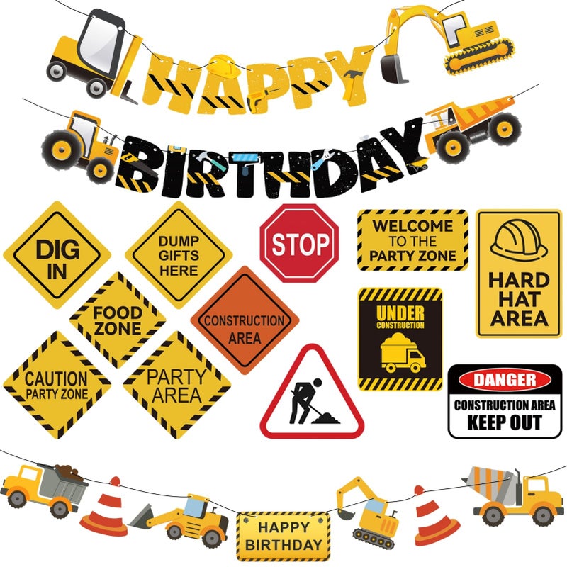 FIGEPO 14 Packs Construction Happy Birthday Banner Vehicle Truck Garlands and Truck Cutouts Traffic Road Signs Birthday Party Decorations for Kids Boy Baby Shower Decorations (Construction) - Image 1