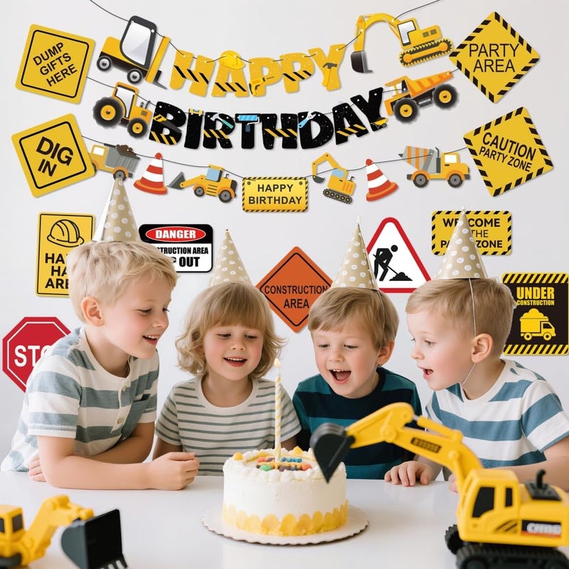 FIGEPO 14 Packs Construction Happy Birthday Banner Vehicle Truck Garlands and Truck Cutouts Traffic Road Signs Birthday Party Decorations for Kids Boy Baby Shower Decorations (Construction) - Image 5