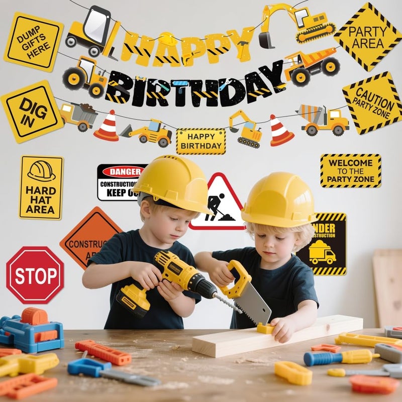 FIGEPO 14 Packs Construction Happy Birthday Banner Vehicle Truck Garlands and Truck Cutouts Traffic Road Signs Birthday Party Decorations for Kids Boy Baby Shower Decorations (Construction) - Image 4