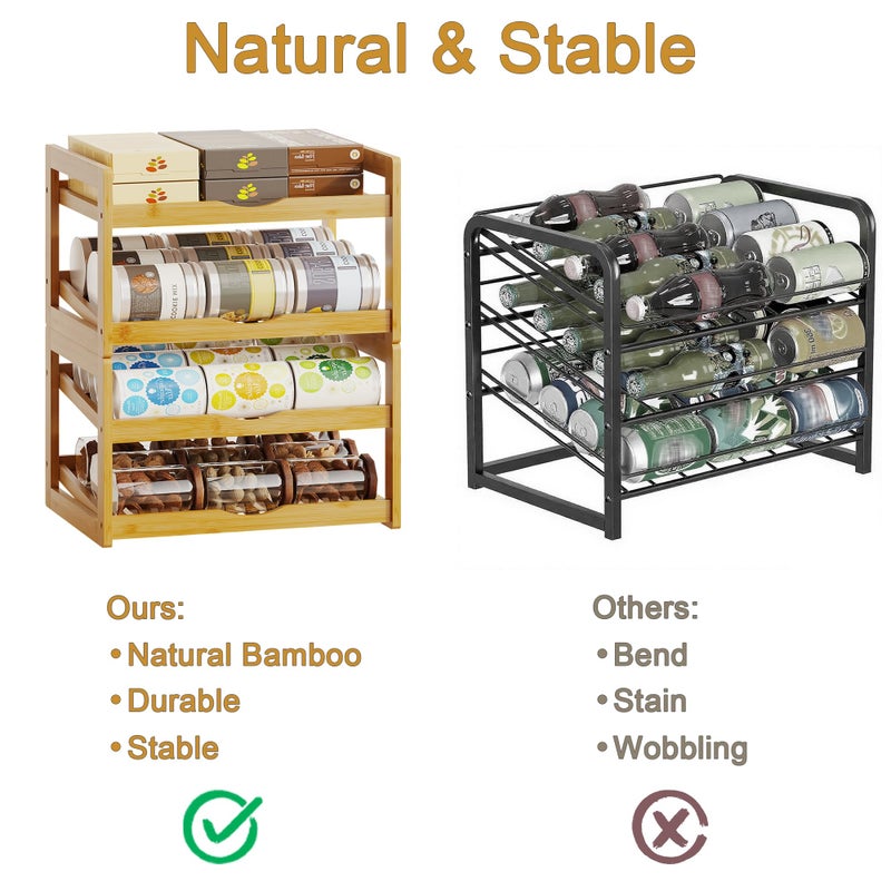 BAMBANG Can Organizer for Pantry, Detachable Bamboo 4 Tier Stackable Can Storage Rack, Rolling Soda Can Dispenser Can Holders for Cabinet, Holds Up to 48 Cans - Image 4