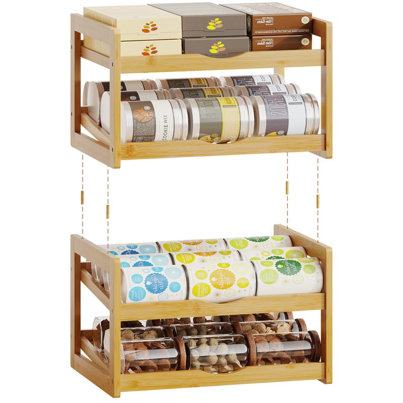 BAMBANG Can Organizer for Pantry, Detachable Bamboo 4 Tier Stackable Can Storage Rack, Rolling Soda Can Dispenser Can Holders for Cabinet, Holds Up to 48 Cans - Image 1