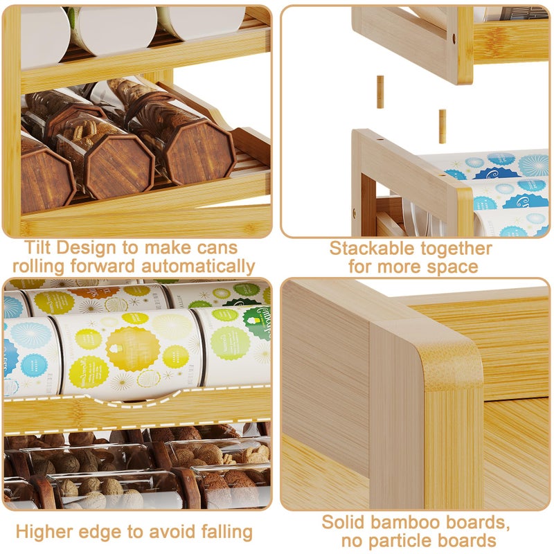 BAMBANG Can Organizer for Pantry, Detachable Bamboo 4 Tier Stackable Can Storage Rack, Rolling Soda Can Dispenser Can Holders for Cabinet, Holds Up to 48 Cans - Image 3