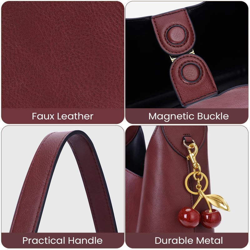HICARRY Faux Suede Hobo Bags Vegan Leather Shoulder Bag Tote for Women with Cherry Charm Slouchy Designer Handbag Purse Fall Fashion - Image 4