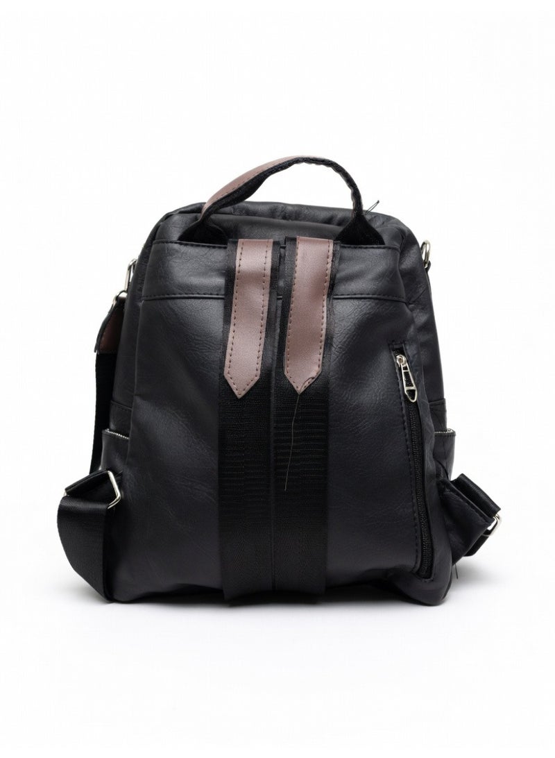 Elegant Textured Vegan Leather Backpack - Black - Image 2