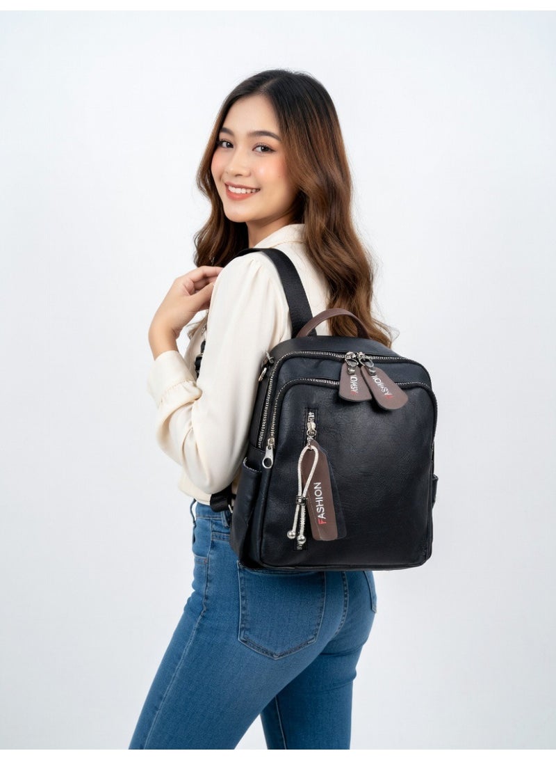 Elegant Textured Vegan Leather Backpack - Black - Image 4