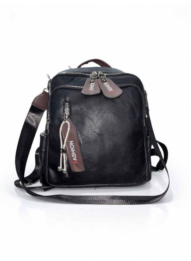 Elegant Textured Vegan Leather Backpack - Black - Image 1