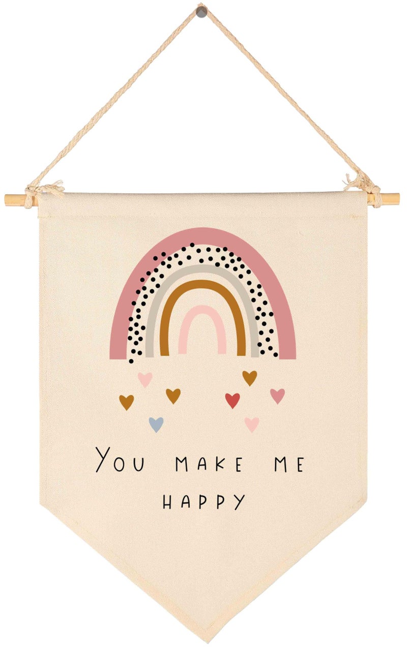 You Make Me HappyRainbowHeart Canvas Hanging Flag Banner Wall Sign Decor Gift for Baby Kids Girl Boy Nursery Teen Room Front Door