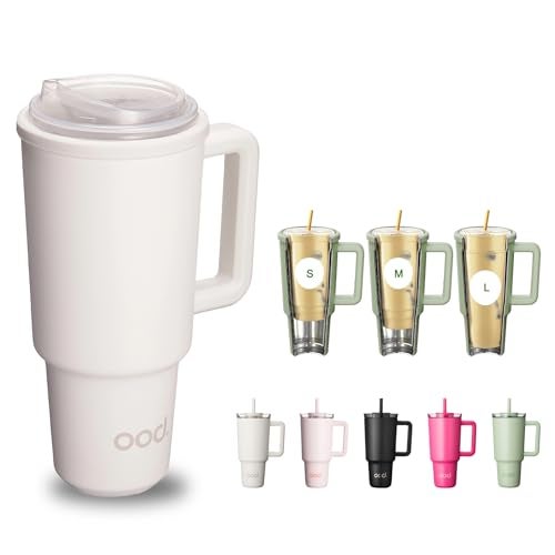OOD OniVerso 40 oz Stainless Steel Insulated Tumbler with Handle and Straw Iced Coffee Cup Holder for Disposable Cups Leak Proof Tumbler Metro Fog White