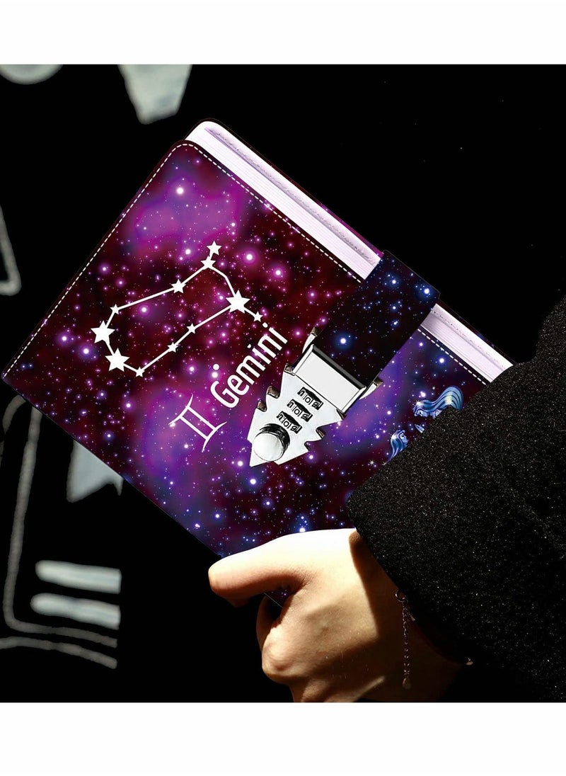 Diary With Lock, Gemini Starry Sky Refillable Password Noteook, Constellation Writing Notebook A5 Notebook for Girls Ladies Children constellation Gifts (8.5 x 5.9 inches)