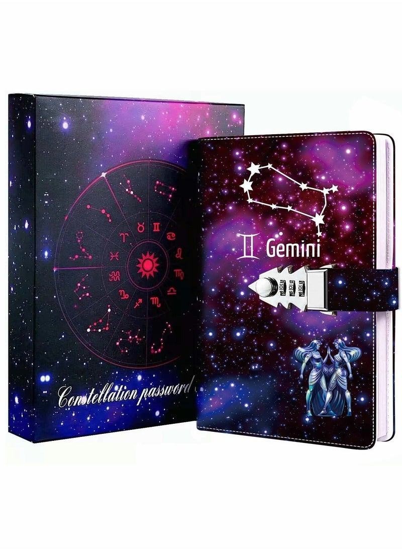 Diary With Lock, Gemini Starry Sky Refillable Password Noteook, Constellation Writing Notebook A5 Notebook for Girls Ladies Children constellation Gifts (8.5 x 5.9 inches)