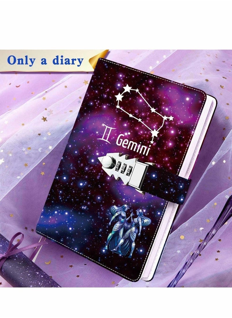 Diary With Lock, Gemini Starry Sky Refillable Password Noteook, Constellation Writing Notebook A5 Notebook for Girls Ladies Children constellation Gifts (8.5 x 5.9 inches)