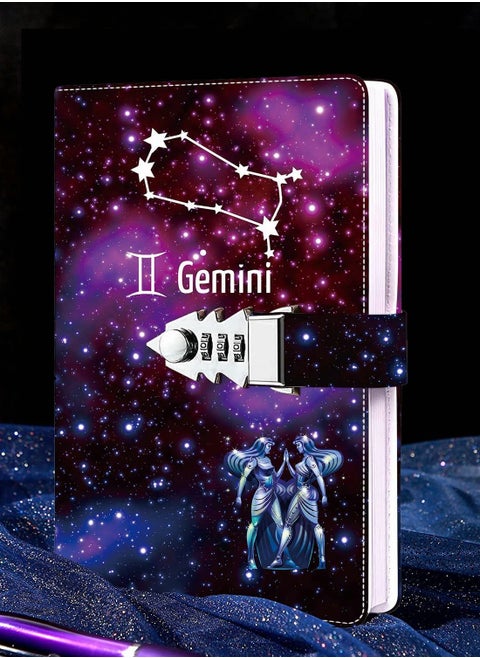 Diary With Lock, Gemini Starry Sky Refillable Password Noteook, Constellation Writing Notebook A5 Notebook for Girls Ladies Children constellation Gifts (8.5 x 5.9 inches)
