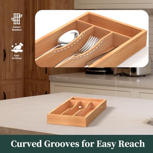 BEKVEM Small Silverware Organizer, Bamboo Kitchen Drawer Organizer, Utensil Holder, Cutlery Tray & Spoon Flatware Storage with Grooved Drawer Dividers - Image 3