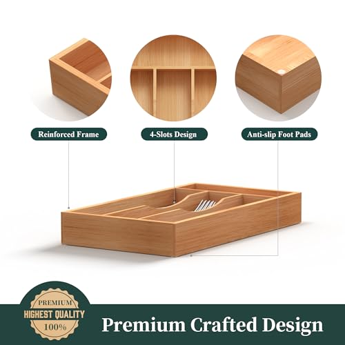 BEKVEM Small Silverware Organizer, Bamboo Kitchen Drawer Organizer, Utensil Holder, Cutlery Tray & Spoon Flatware Storage with Grooved Drawer Dividers - Image 4