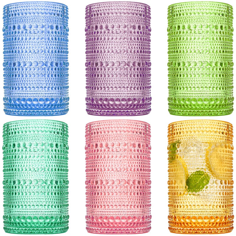 ZOOFOX Set of 6 Vintage Drinking Glasses, 12 Oz Colored Hobnail Glasses Tumbler, Embossed Design Glass Tumblers Set for Water, Beverages, Juice, Beer, Cocktail, Whiskey, Milk - Image 1
