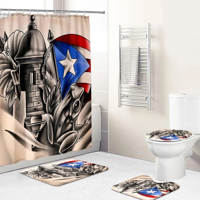 Bluejw 4 Pcs Shower Curtain Sets Puerto Rico Flag Waterproof  Bathroom Set with Non-Slip Rugs Toilet Lid Cover Bath Mat - Image 1