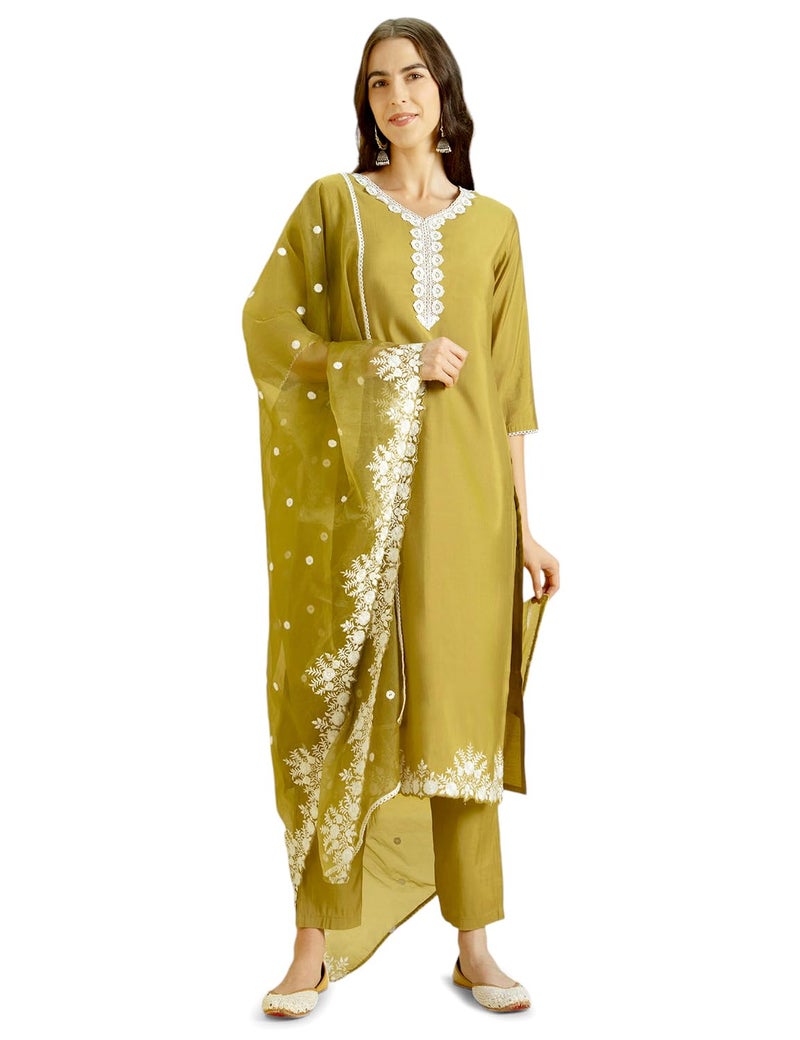 Kaari Women's Solid Color Kurta Set with Dupatta - Straight Fit | Silk Blend Fabric | Embroidery & Lace on Border | Organza Dupatta with Embroidery | Straight Pant with Side Pocket - Image 4