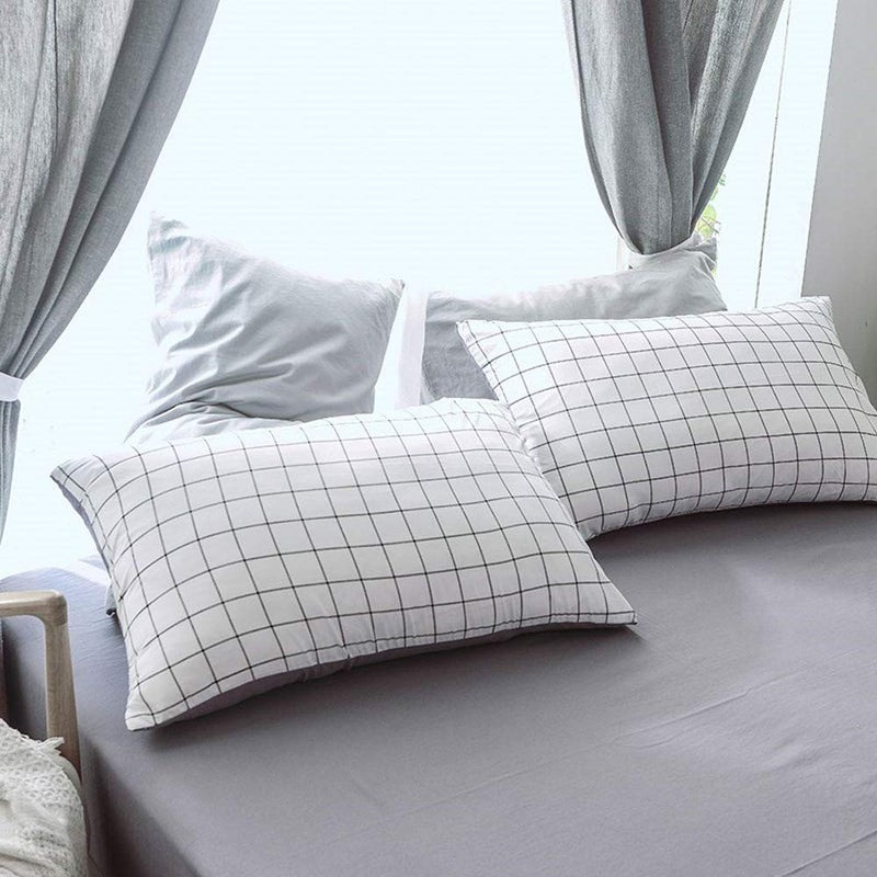 Nanko Grid Bed Pillow Case Set (2 Pack), White Grid Plaid Geometric Pattern Printed Pillowcases/Pillow Shams for Modern Duvet Cover/Bed Sheets Set- 20x30 inch Standard Queen Size - Image 2