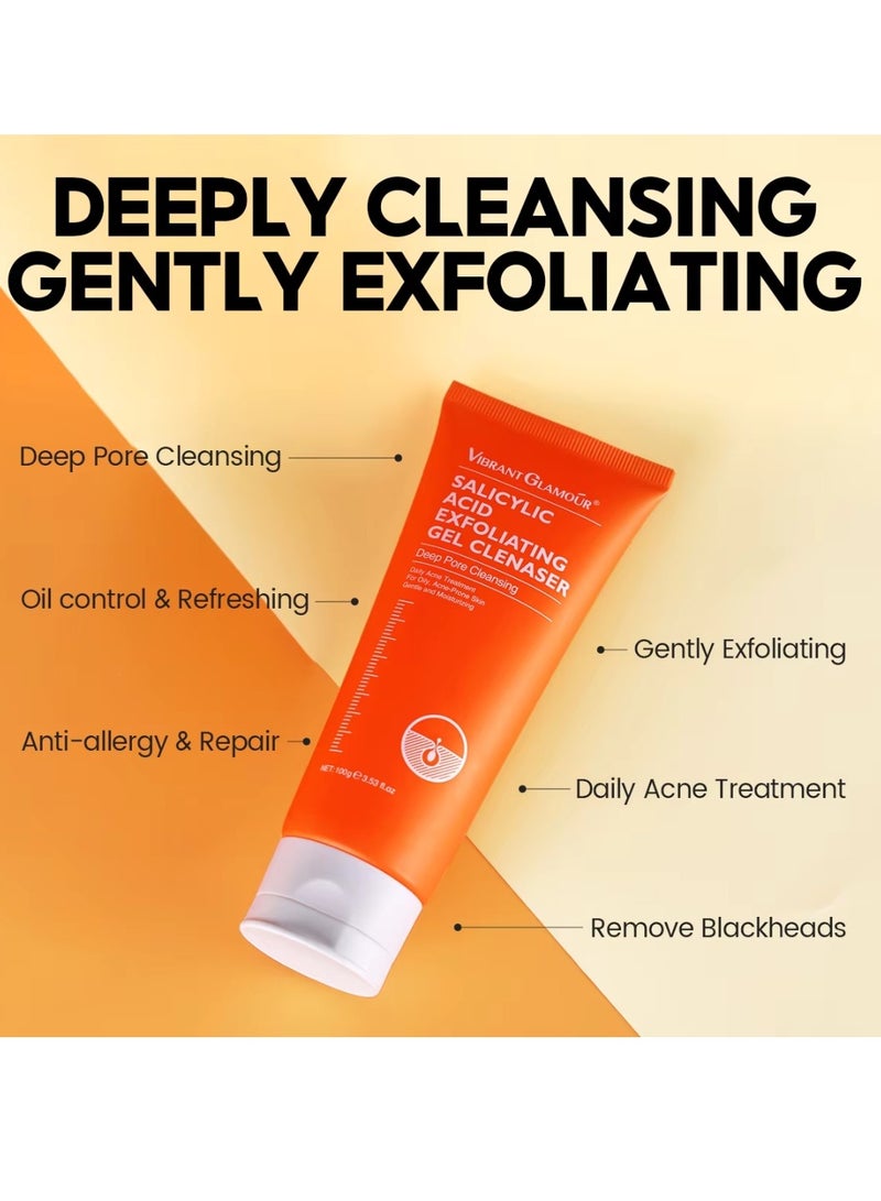 Vibrant Glamour 100g Salicylic Acid Exfoliating Gel Cleanser Deep Pore Cleaning Daily Acne Treatment for Oily Acne Prone Skin Gentle Hydrating Moisturizing Face Exfoliating Gel Cleanser  - Image 3
