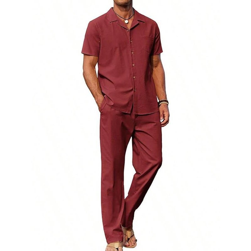 Summer New Retro Short-Sleeved Shirt Casual Trousers Two-Piece Set Men's Fashionable Breathable and Comfortable Suit